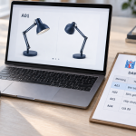 Minh họa đối chiếu ảnh sản phẩm trên laptop với danh sách hàng có logo Kho Vận Liên Minh trên điện thoại và giấy.