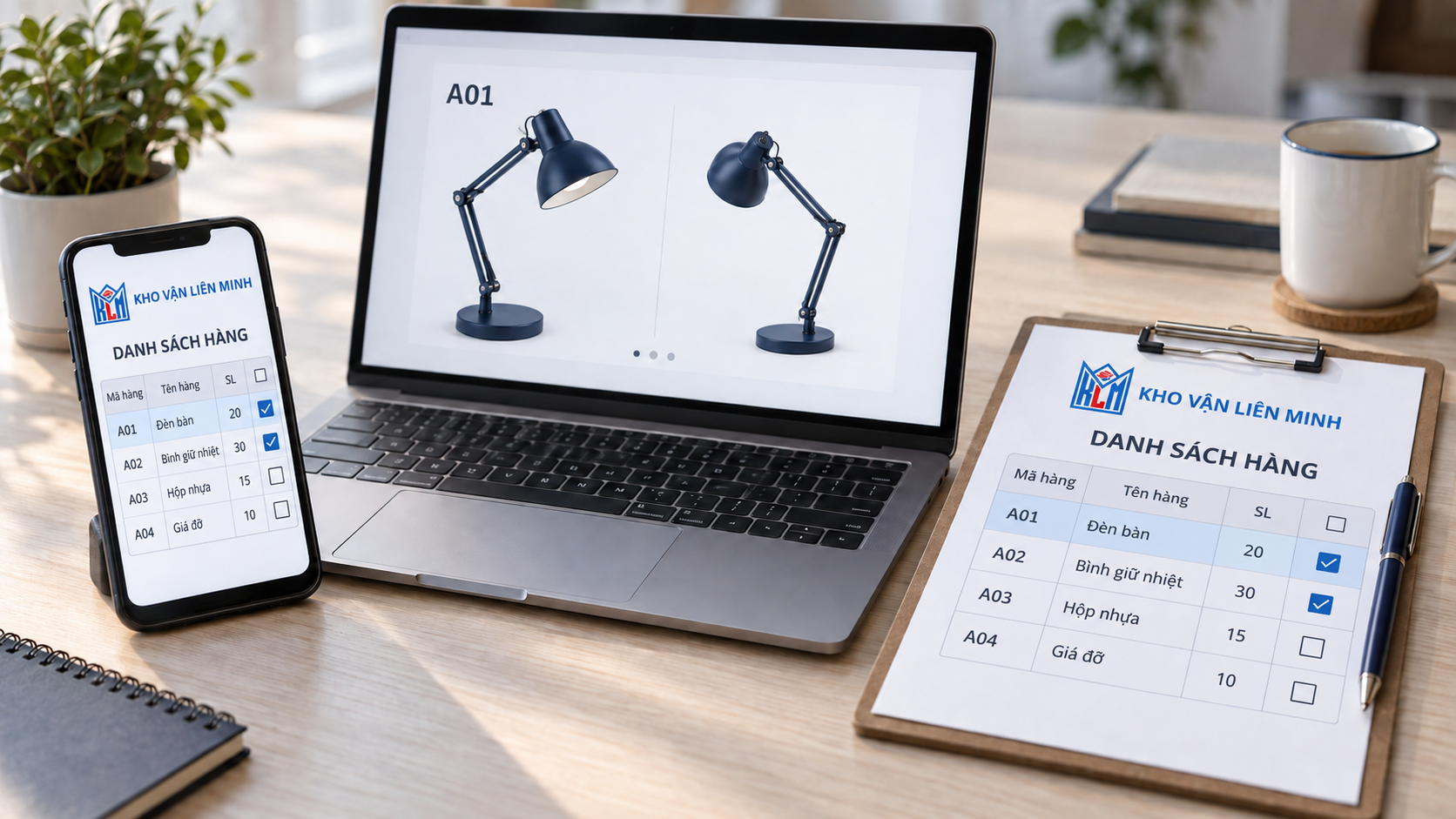 Minh họa đối chiếu ảnh sản phẩm trên laptop với danh sách hàng có logo Kho Vận Liên Minh trên điện thoại và giấy.