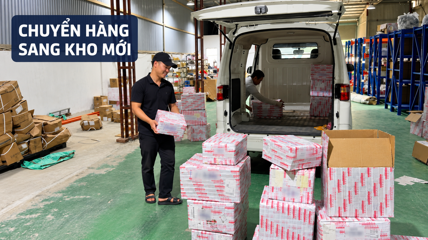 Nhân viên tiếp nhận các kiện hàng cạnh xe chở hàng tại kho Việt Nam của Kho Vận Liên Minh.